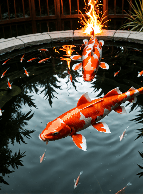 koi fish, water pond, fire, plants, rocks