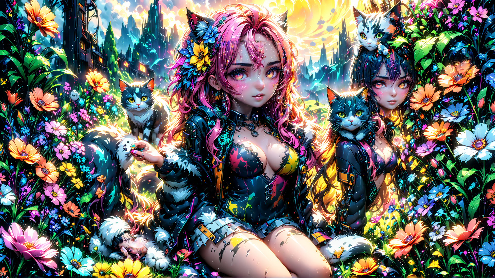 AI generated wallpaper featuring girls, cats, flowers
