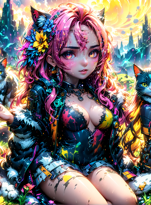 girls, cats, flowers