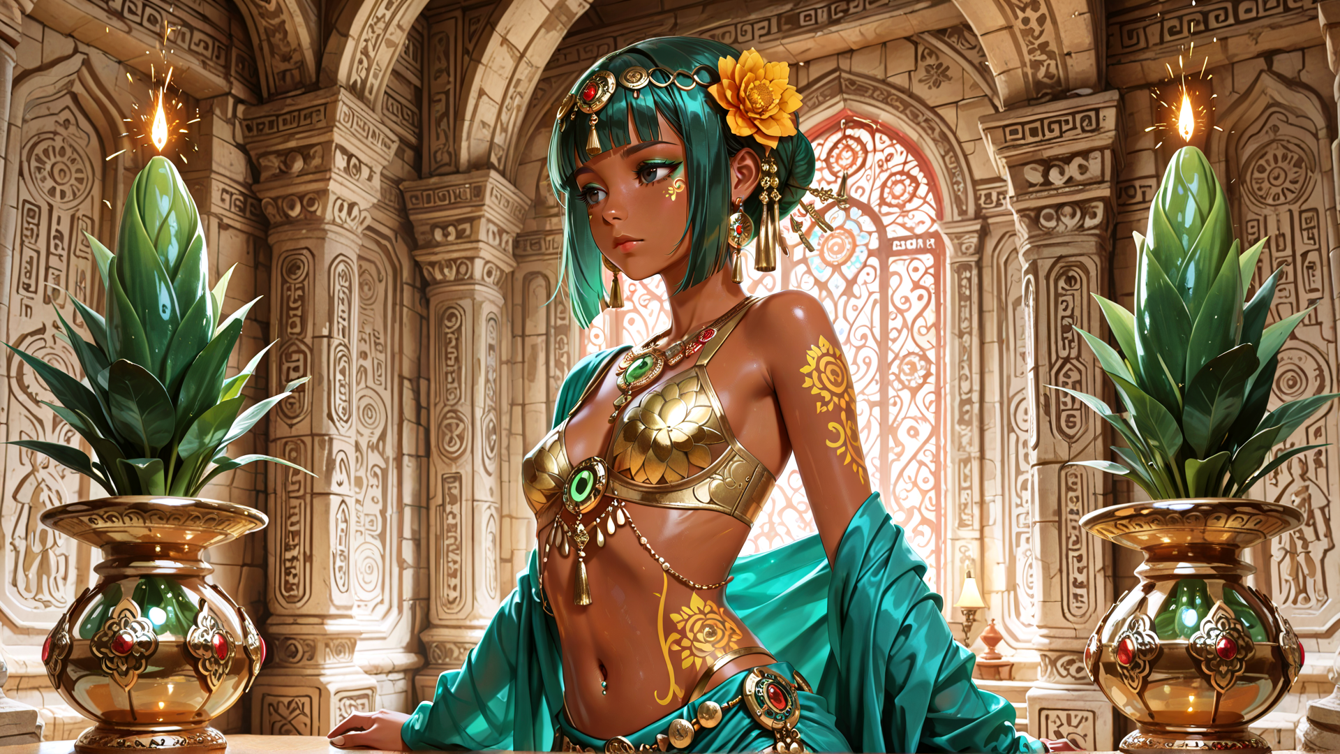 AI generated wallpaper featuring woman, ancient, woman, goddess, princess, jewelry, candle, plant, temple, scepter