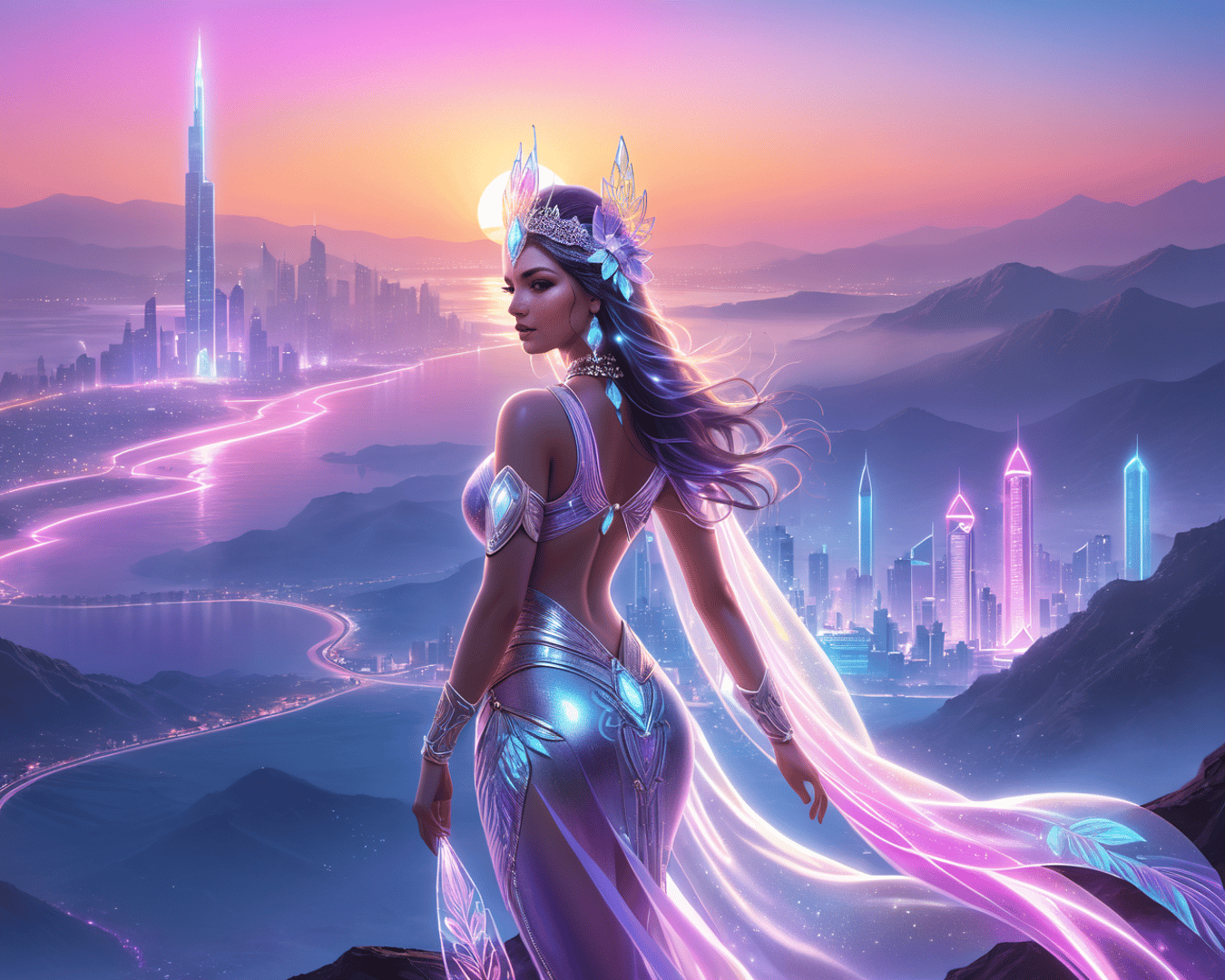 AI generated wallpaper featuring woman, cityscape, futuristic
