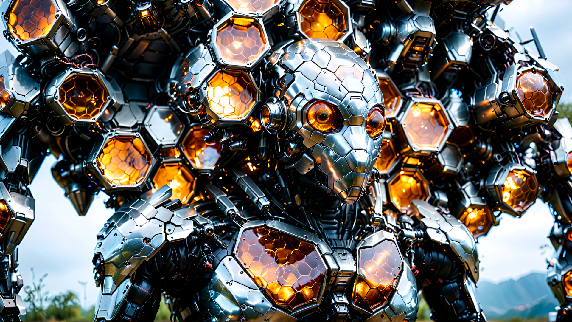 AI generated wallpaper featuring robot, mecha, armor, hexagon, mechanism, cybernetic, machine, skeleton, gears, lights