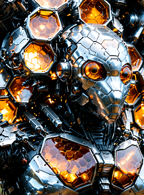 robot, mecha, armor, hexagon, mechanism, cybernetic, machine, skeleton, gears, lights