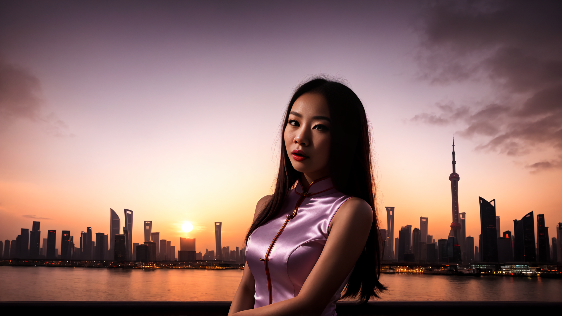 AI generated wallpaper featuring woman, cityscape, sun