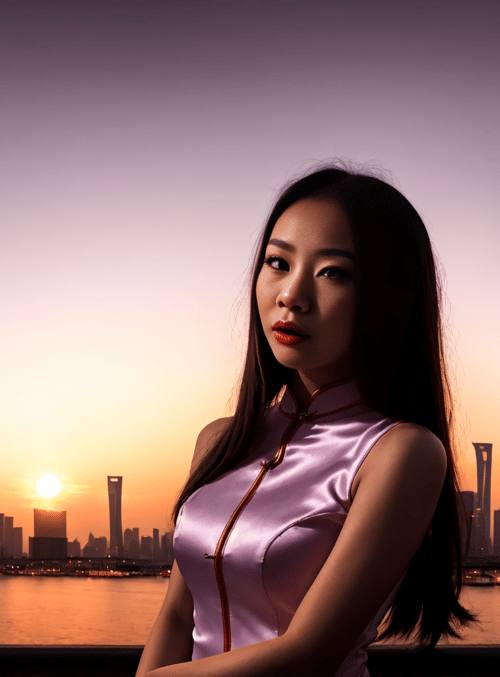 woman, cityscape, sun
