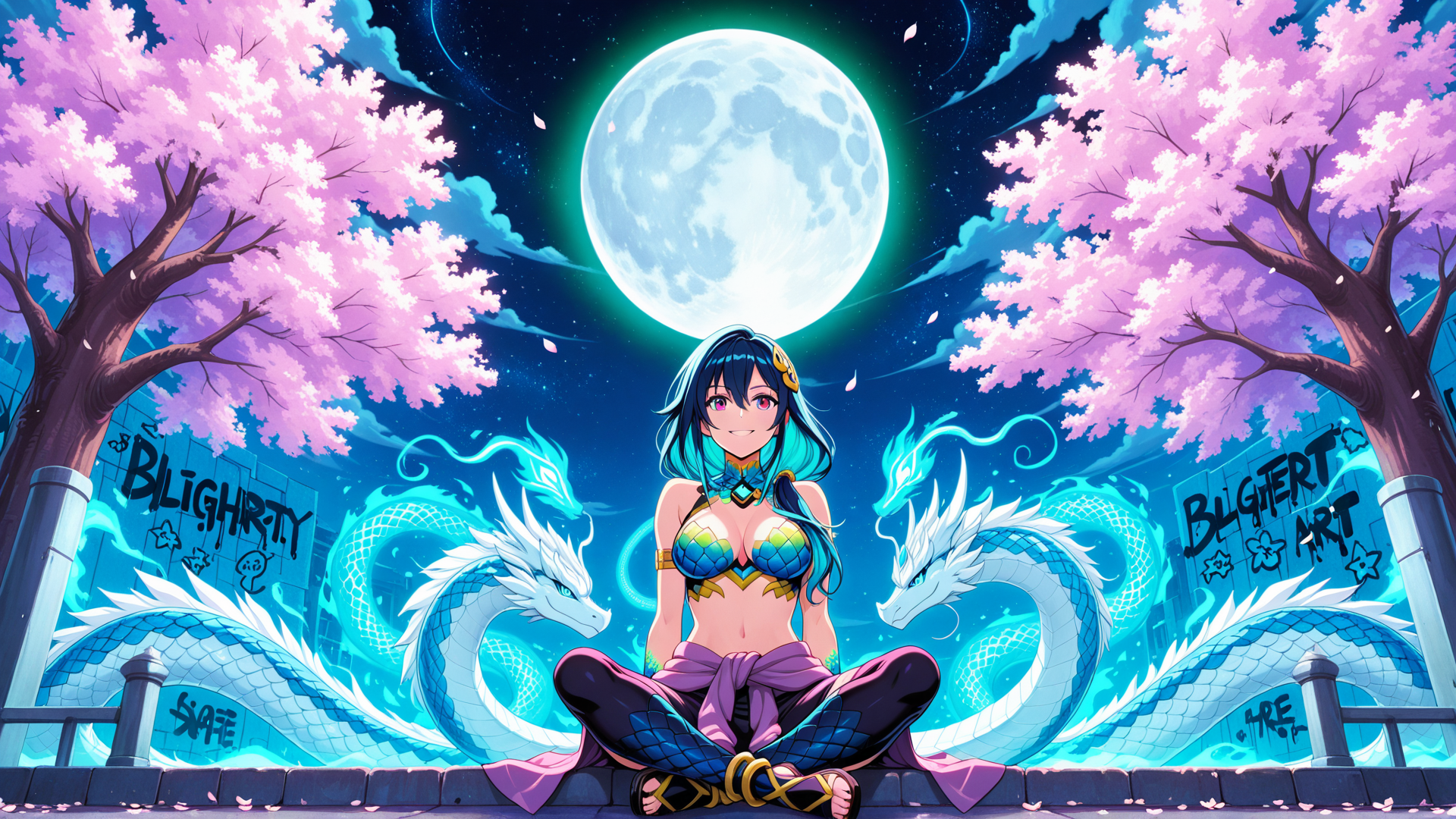 AI generated wallpaper featuring girl, dragons, cherry trees, moon, graffiti
