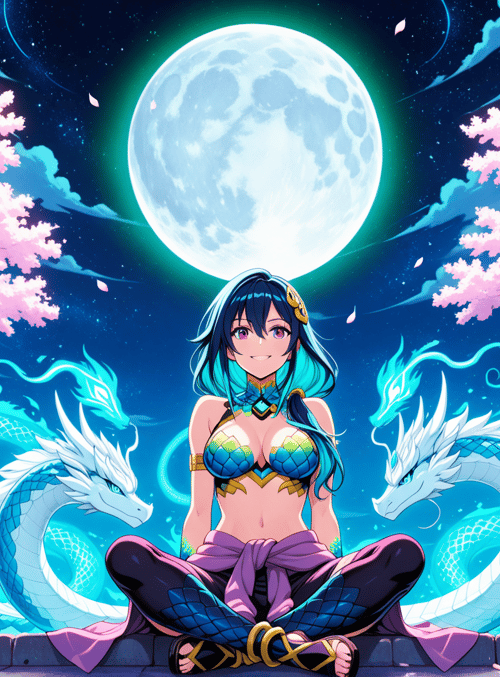 girl, dragons, cherry trees, moon, graffiti