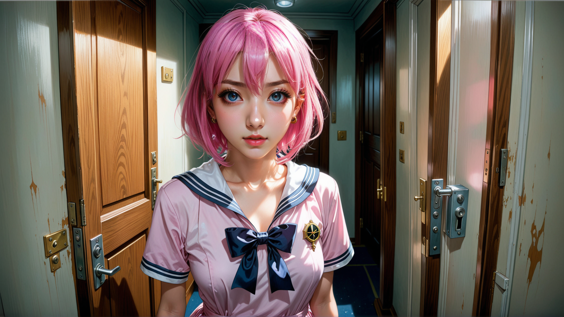 AI generated wallpaper featuring girl, school uniform, corridor