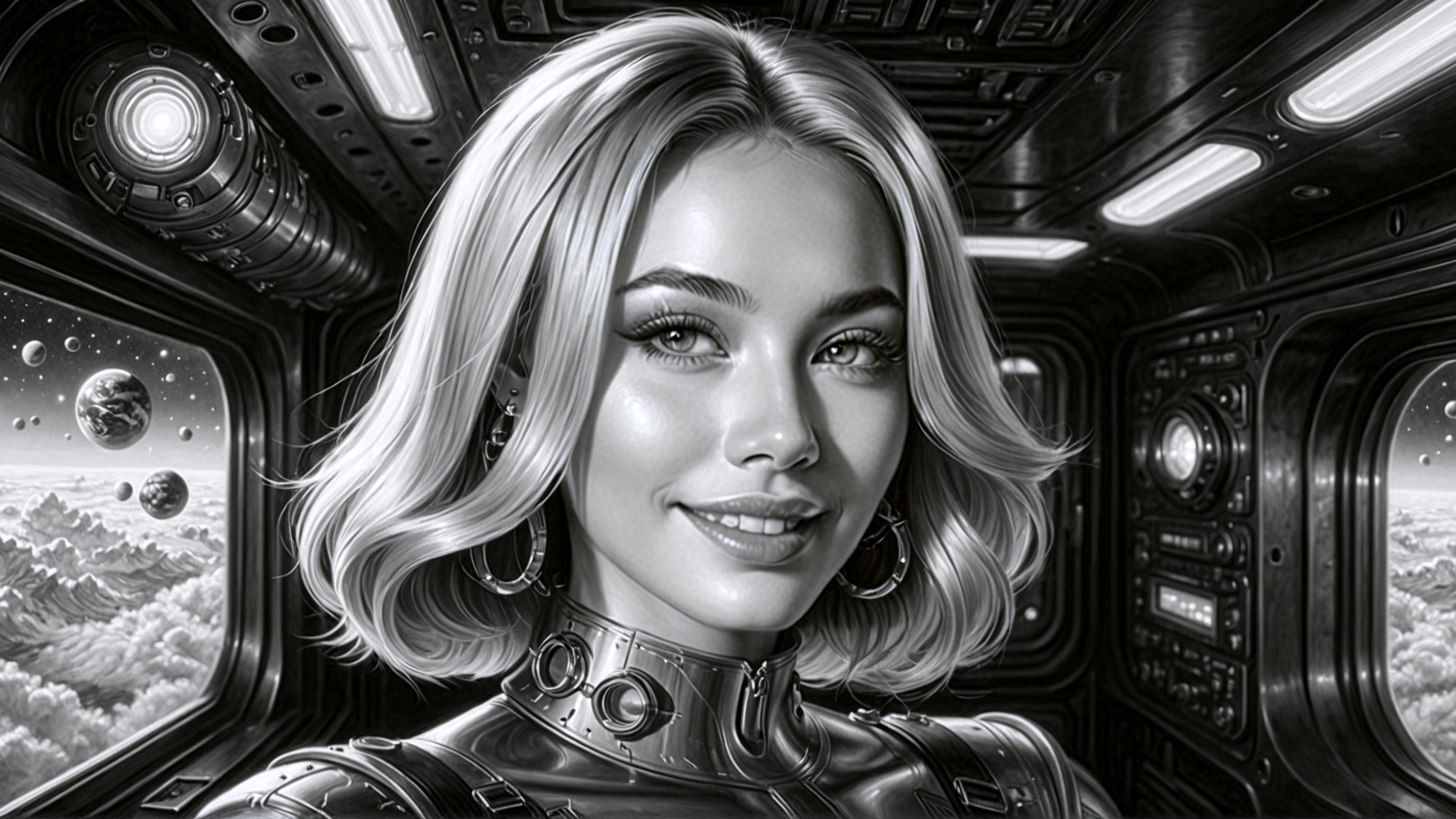 AI generated wallpaper featuring woman, spacesuit, spaceship, astronaut