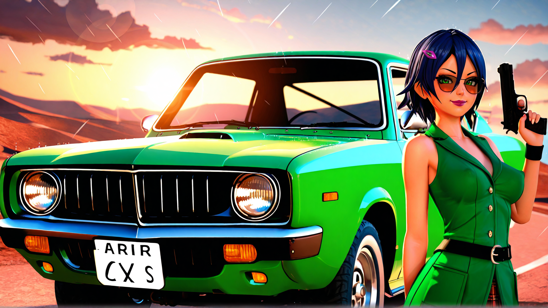 AI generated wallpaper featuring car, woman, gun, truck, sunset