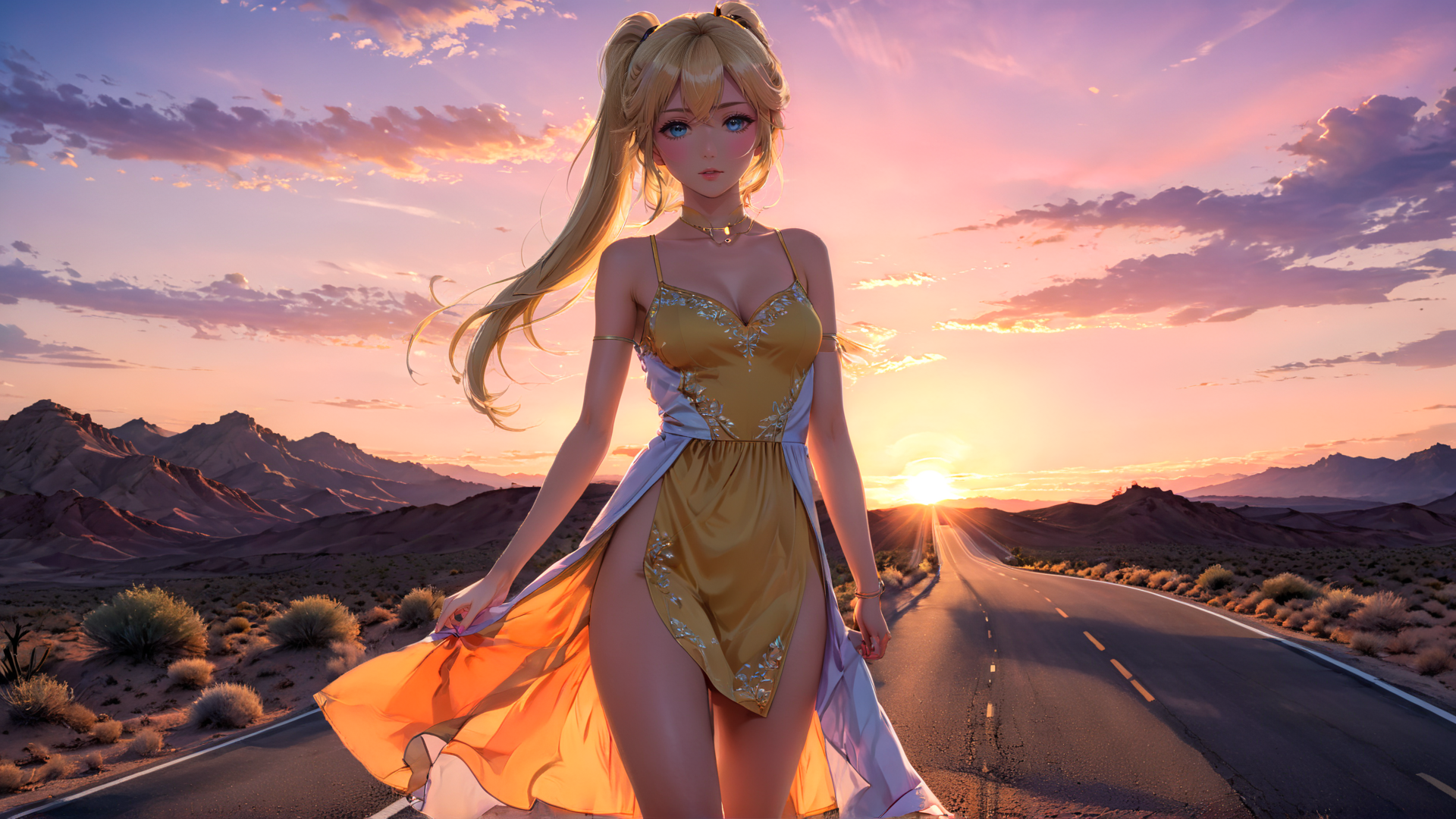 AI generated wallpaper featuring woman, desert, road
