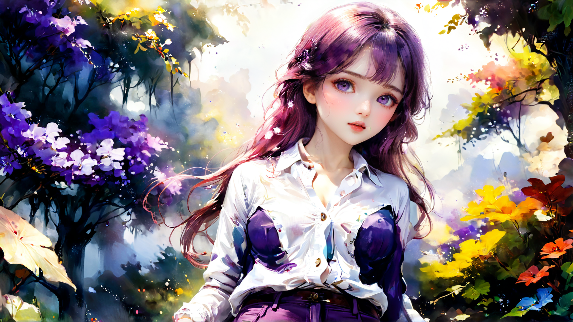 AI generated wallpaper featuring girl, nature, flowers