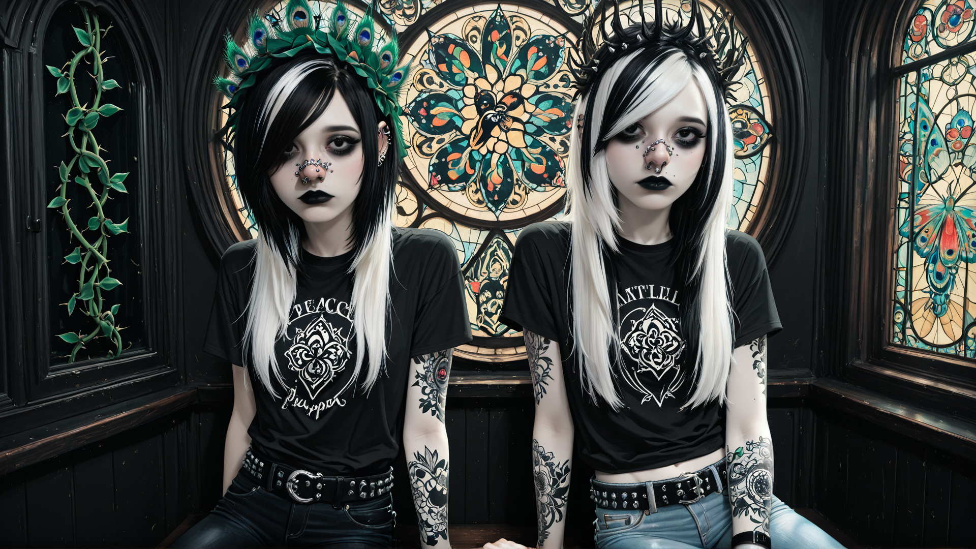 AI generated wallpaper featuring girls, tattoo, peacock, crown, stained glass, jeans, t-shirt, nose ring, buckle, flower