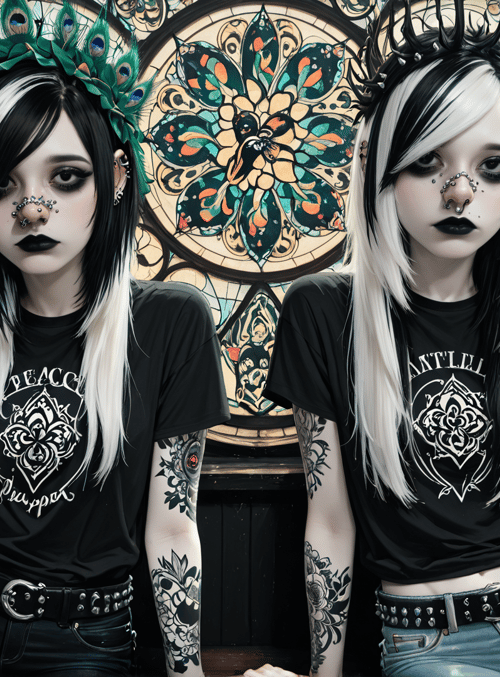 girls, tattoo, peacock, crown, stained glass, jeans, t-shirt, nose ring, buckle, flower