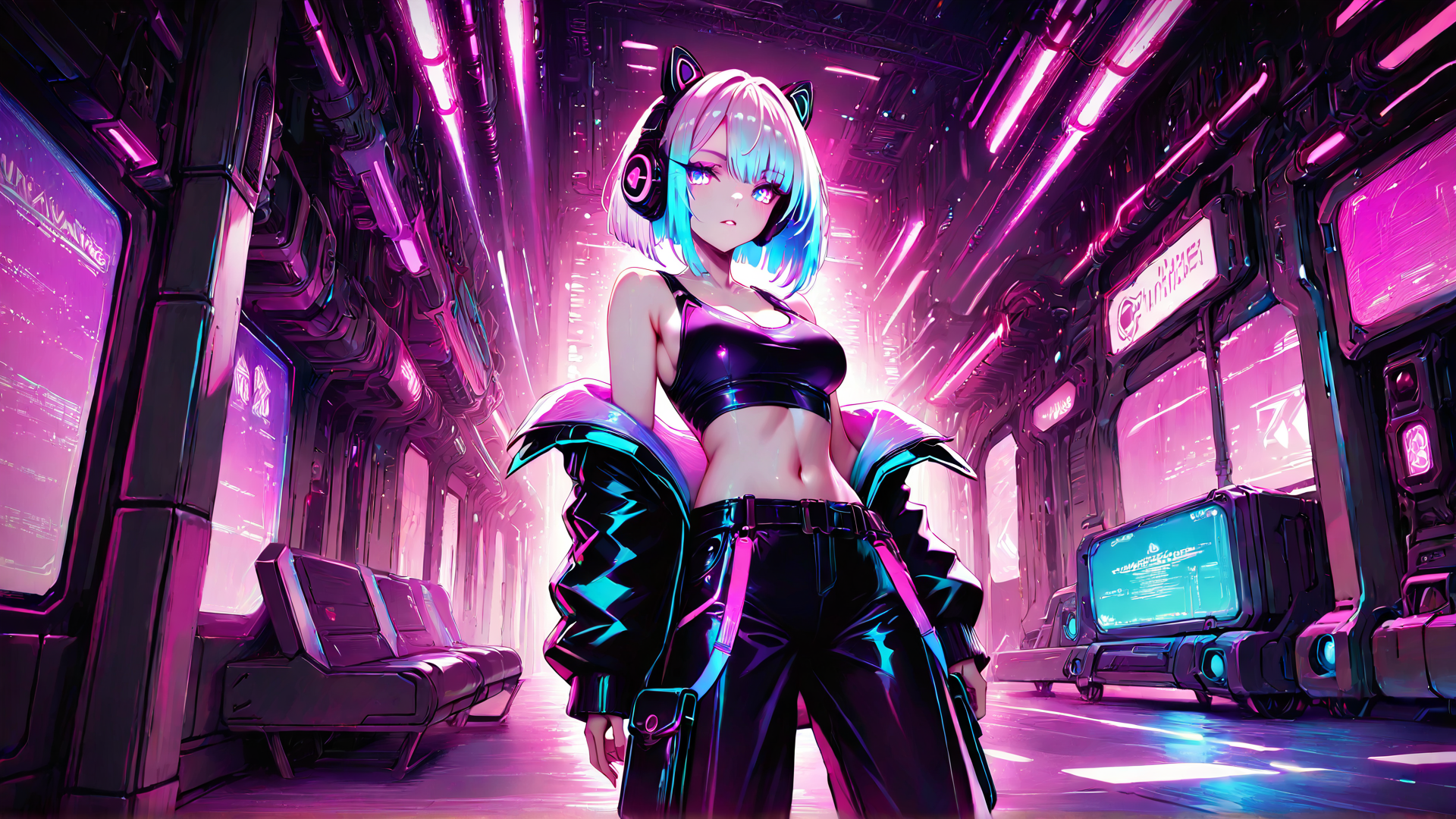 AI generated wallpaper featuring anime girl, cyberpunk, futuristic