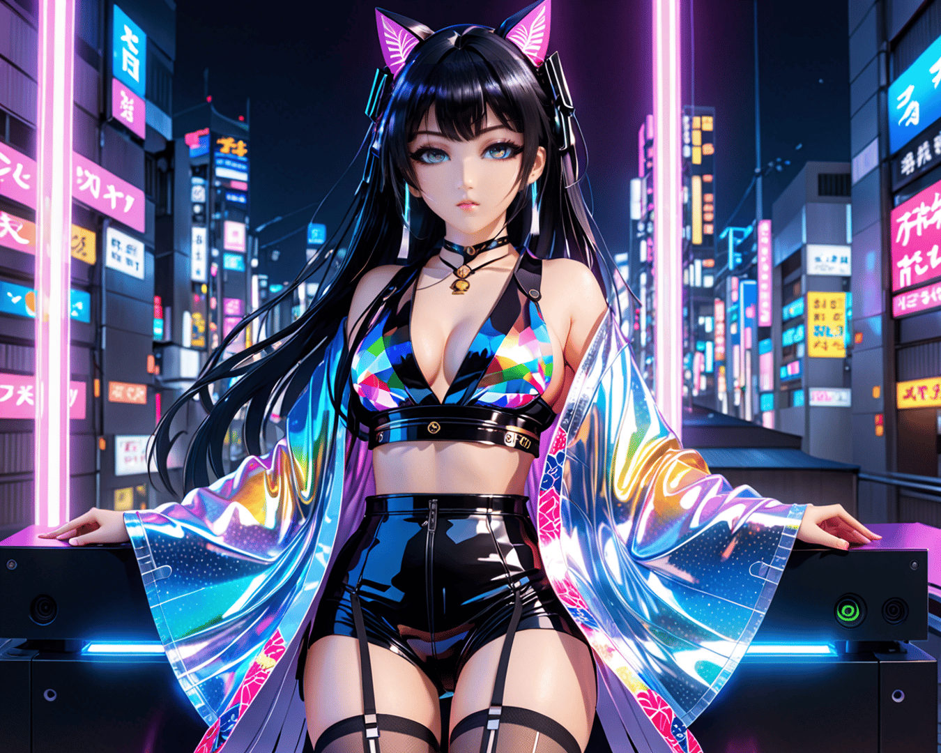 AI generated wallpaper featuring anime girl, cyberpunk, neon