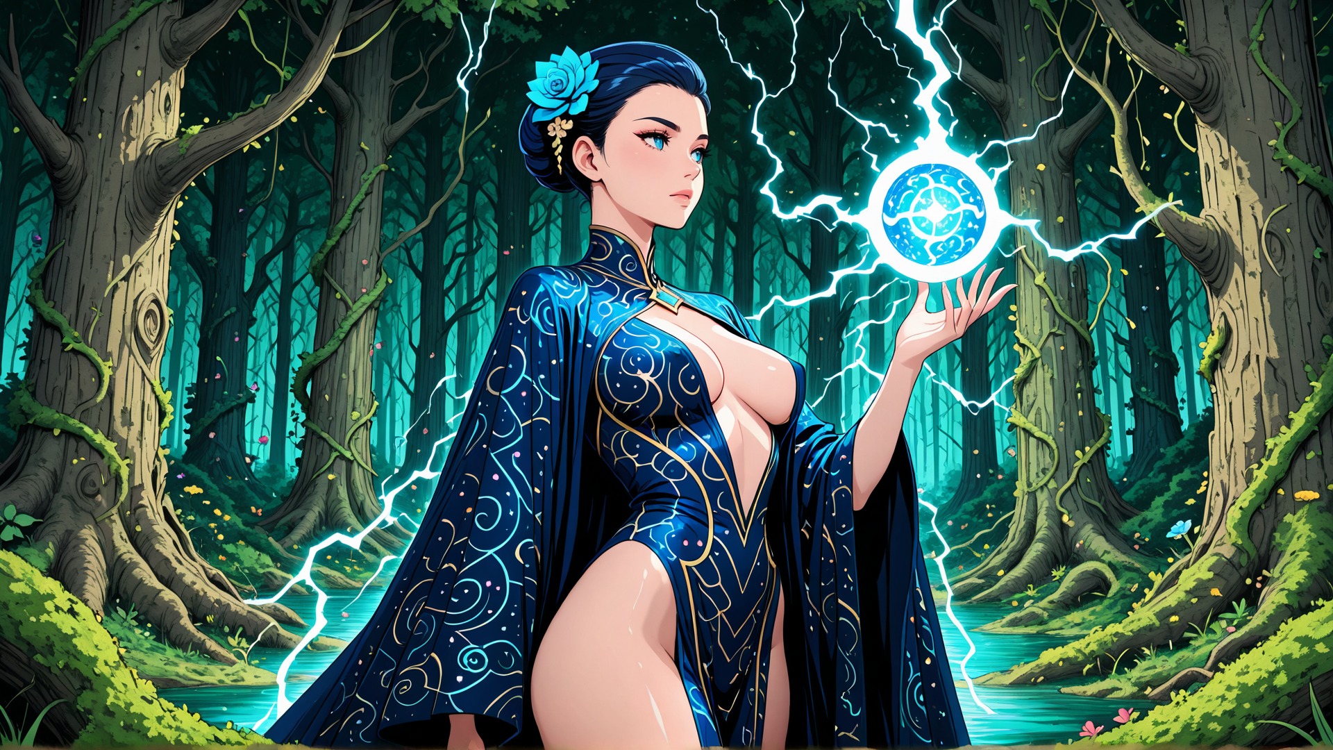 AI generated wallpaper featuring woman, magician, forest, lightning, crystal, butterfly, tree, flower, river, cloak