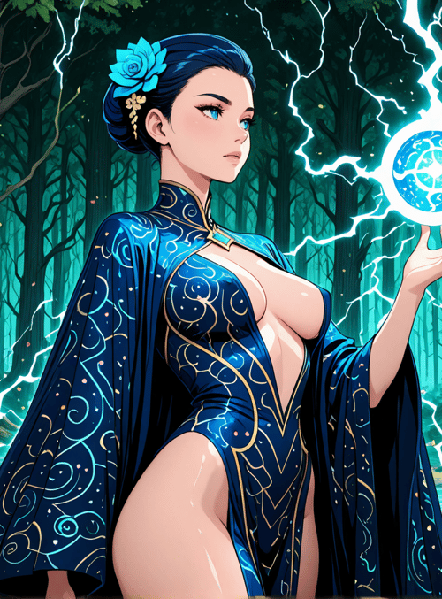 woman, magician, forest, lightning, crystal, butterfly, tree, flower, river, cloak