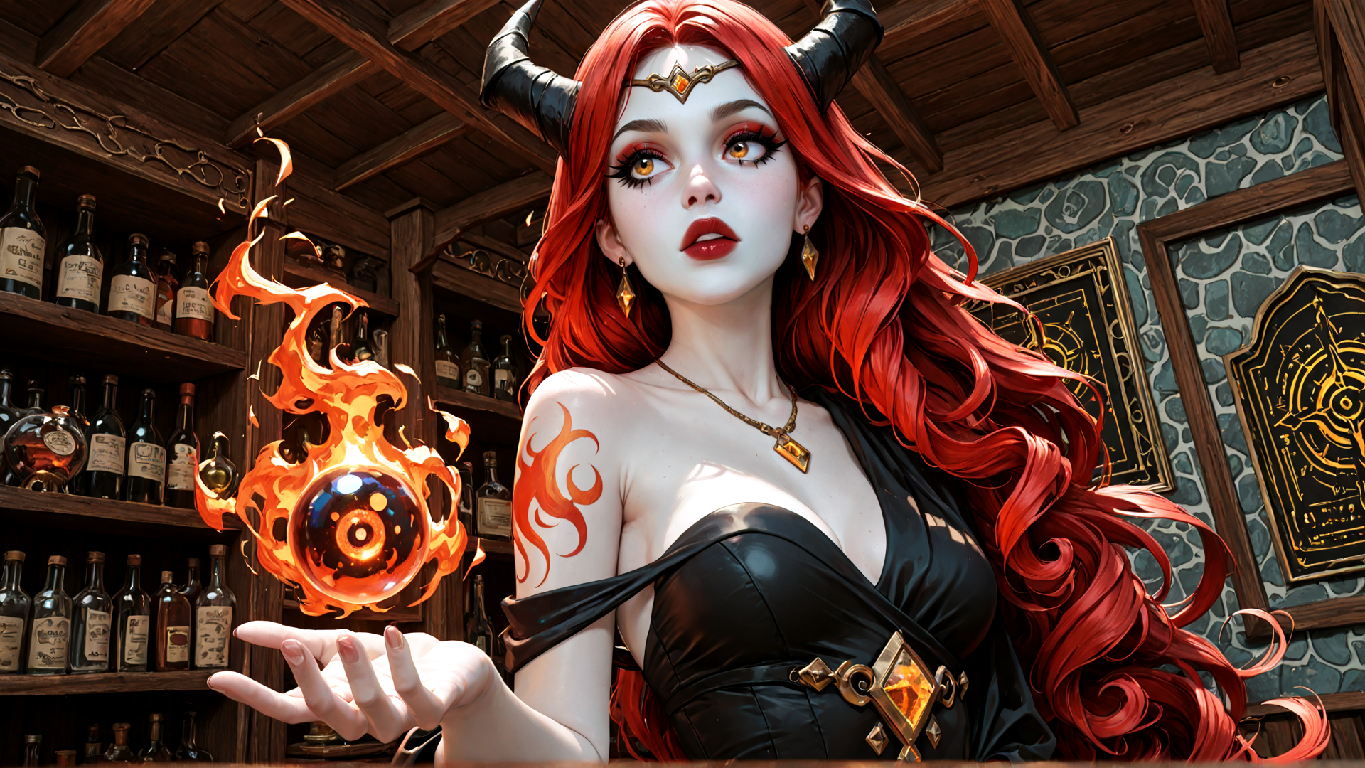 AI generated wallpaper featuring woman, horns, fireball, bottle, cabinet, magic, scroll, necklace, earring, dress