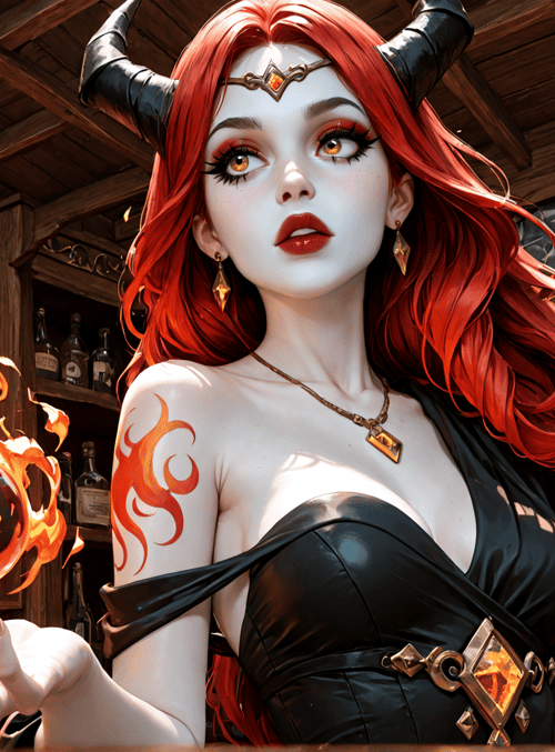 woman, horns, fireball, bottle, cabinet, magic, scroll, necklace, earring, dress