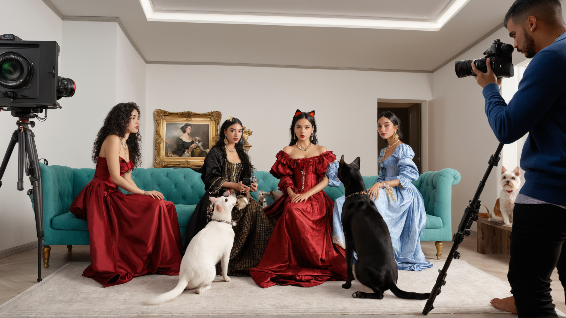 AI generated wallpaper featuring women, dogs, photographer