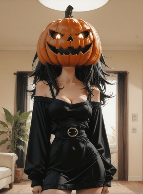 pumpkin, woman, room, dress