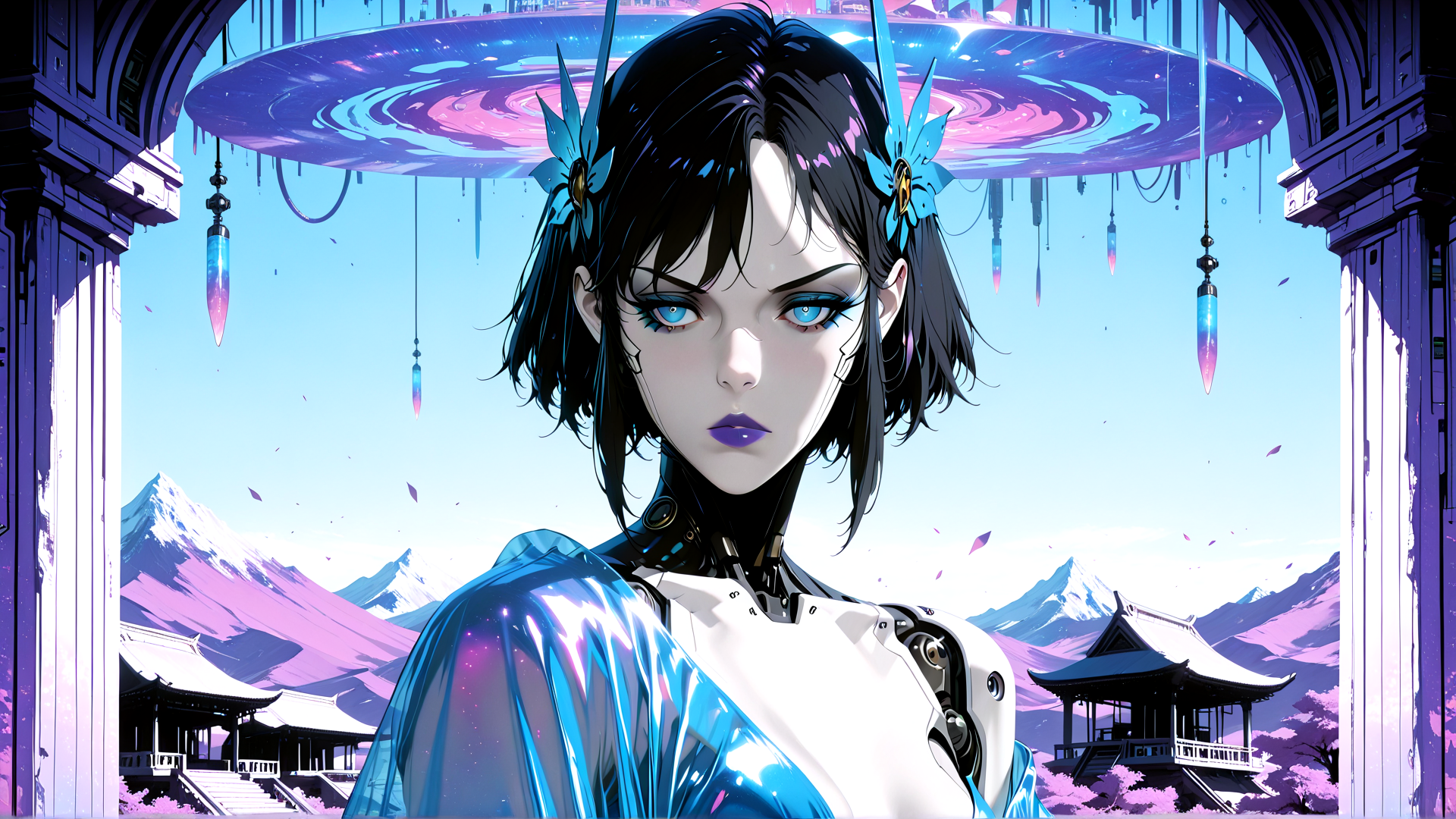 AI generated wallpaper featuring cyborg, woman, cherry blossom, mountain, pagoda, archway, helix