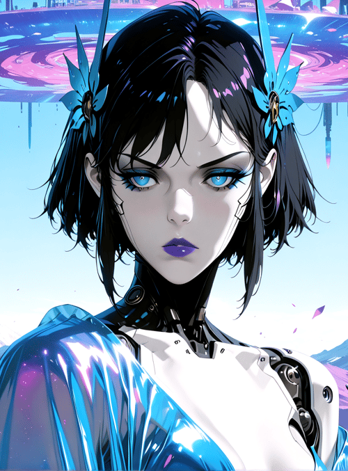 cyborg, woman, cherry blossom, mountain, pagoda, archway, helix