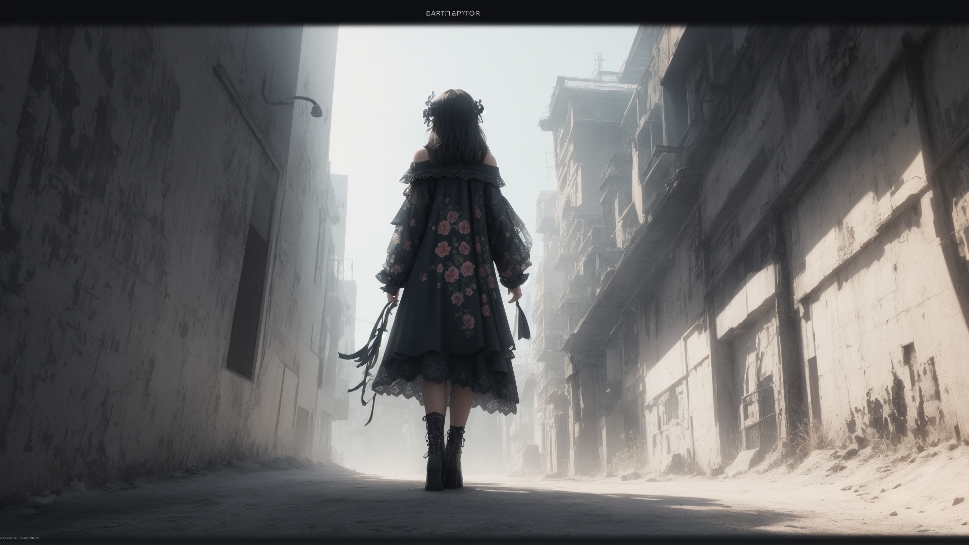 AI generated wallpaper featuring girl, alley, dress