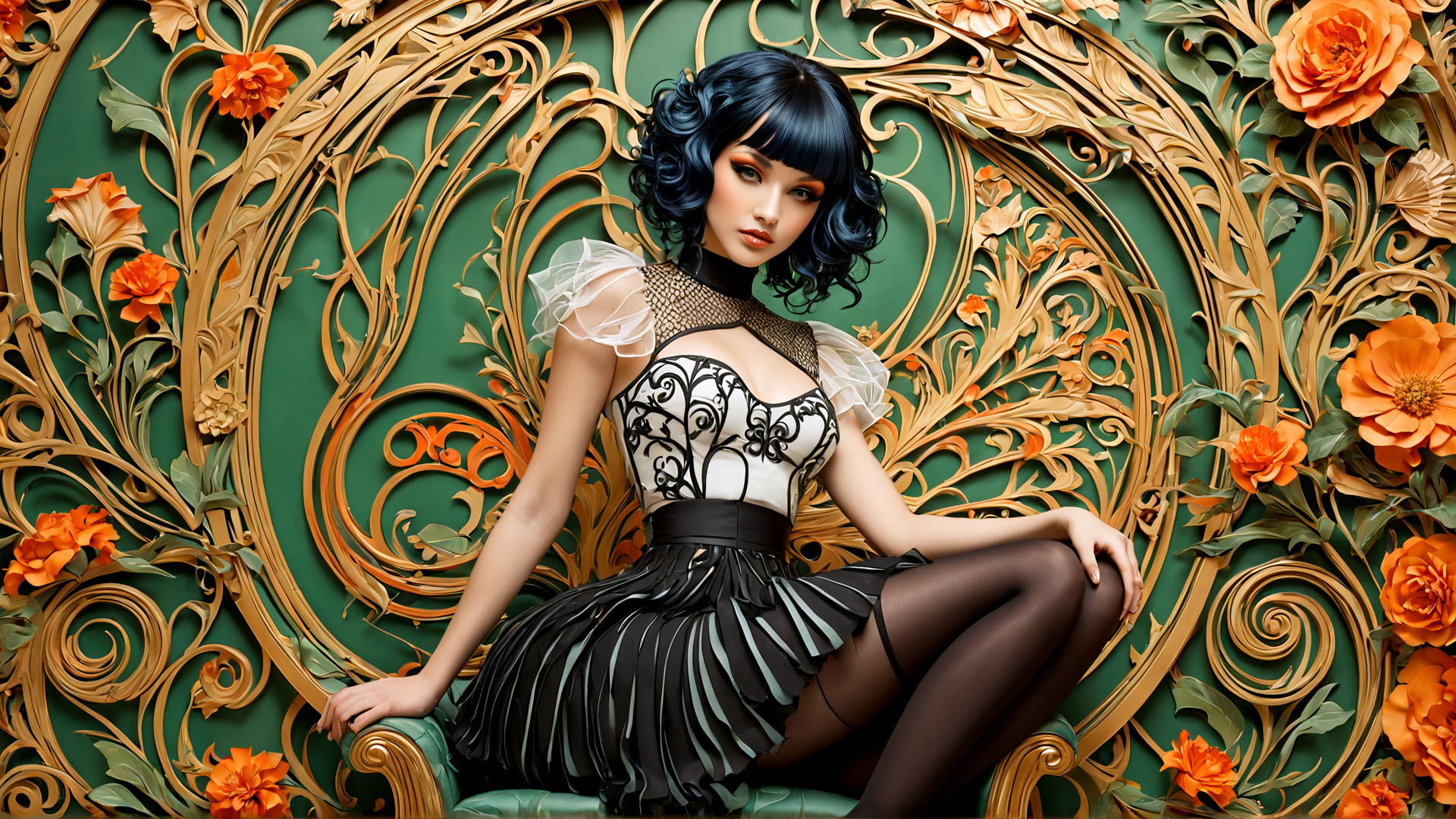 AI generated wallpaper featuring woman, dress, chair, flowers, ornament