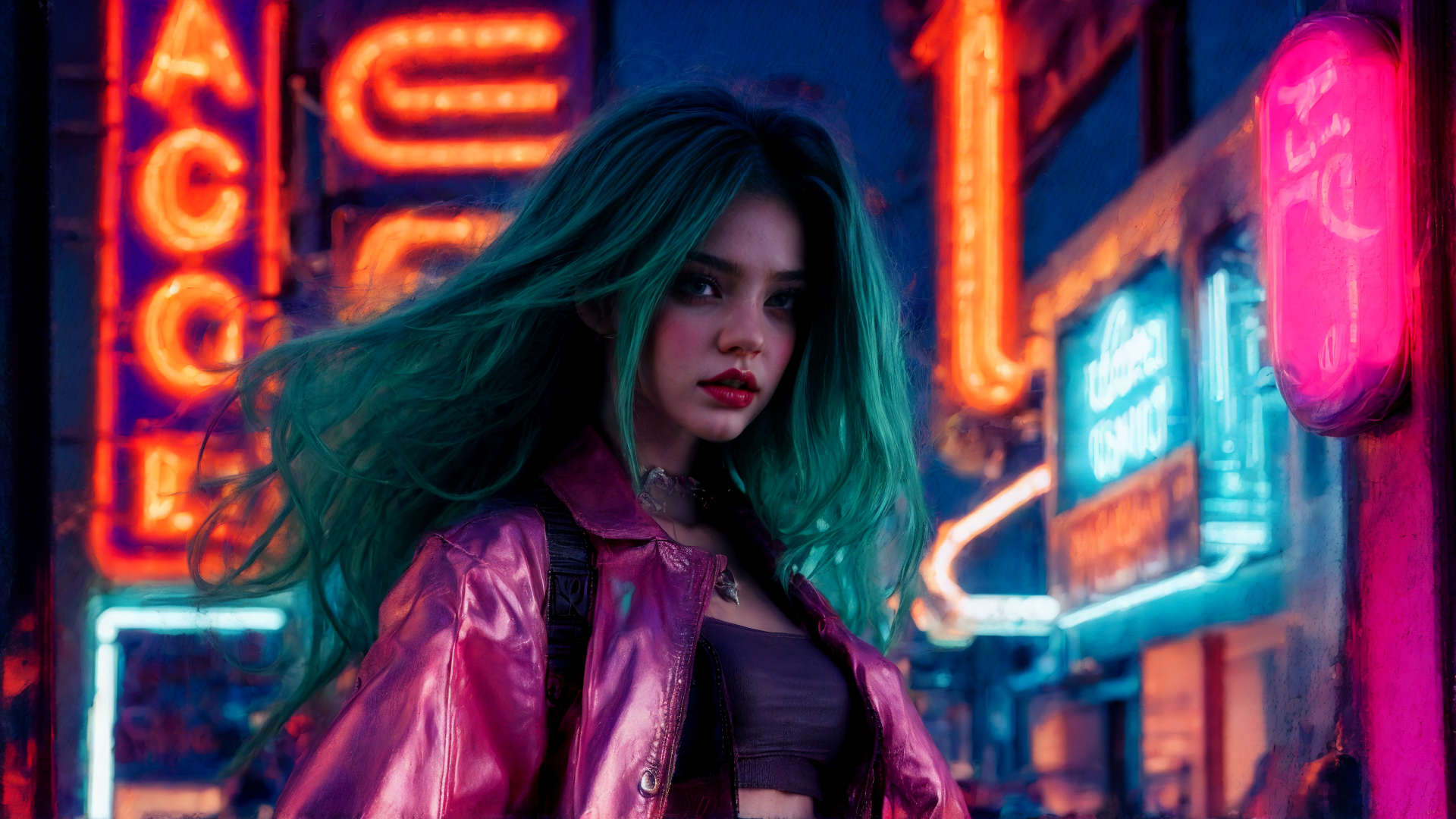 AI generated wallpaper featuring woman, neon, street