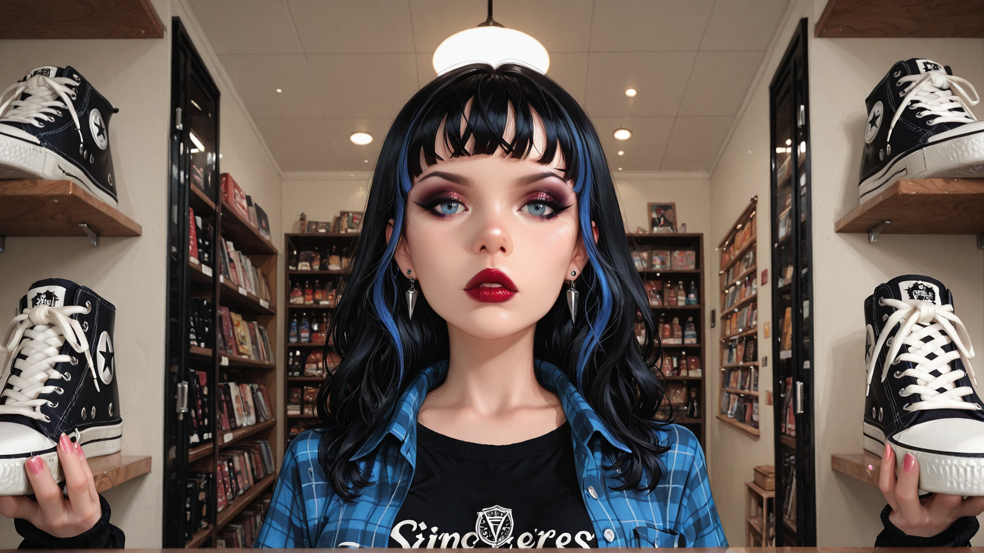 AI generated wallpaper featuring woman, shoes, bookshelf, hair