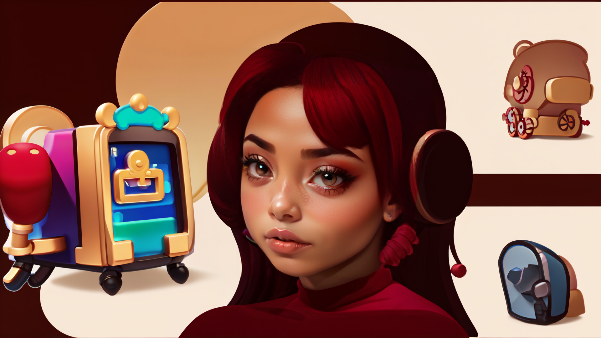AI generated wallpaper featuring girl, robot, teddy bear