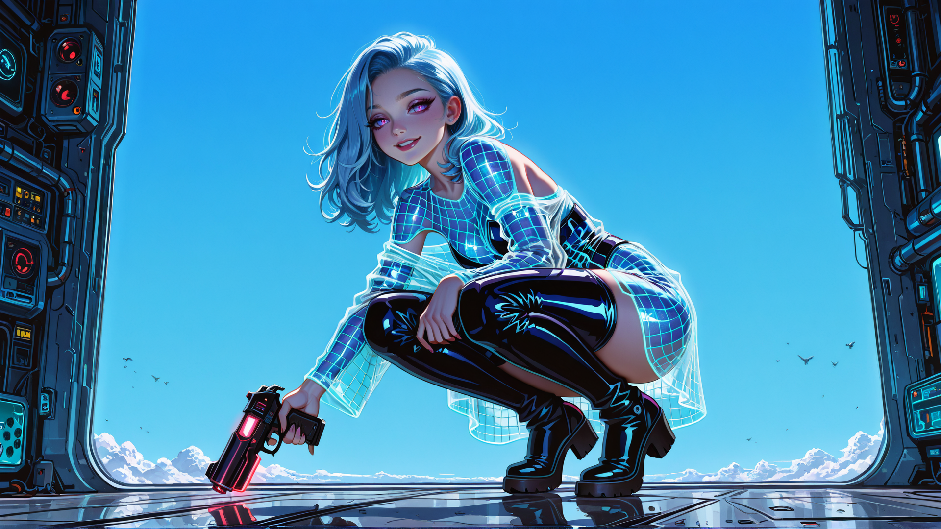 AI generated wallpaper featuring cyberpunk, woman, gun