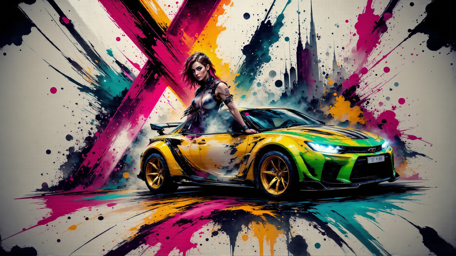 AI generated wallpaper featuring woman, car, cityscape, art