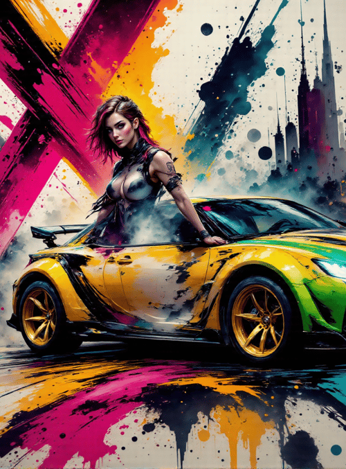 woman, car, cityscape, art