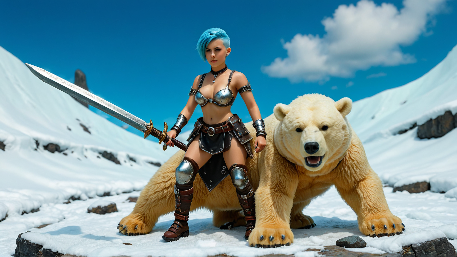 AI generated wallpaper featuring woman, polar bear, sword