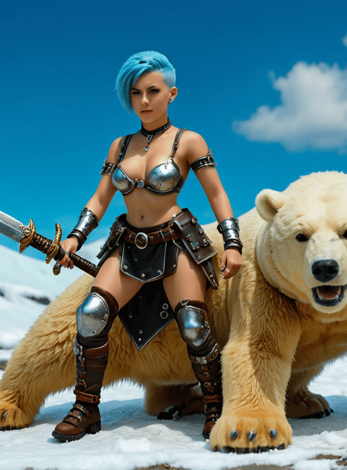 woman, polar bear, sword