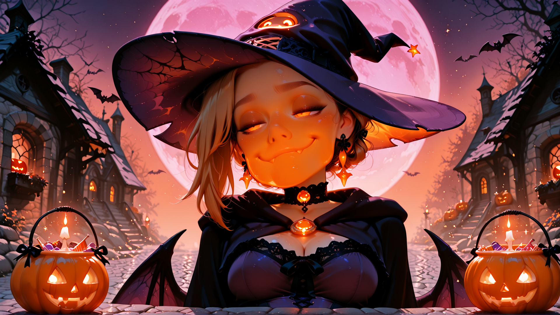 AI generated wallpaper featuring witch, pumpkin, bat, moon, castle, candle, jack-o'-lantern, haunted house, moonlight, halloween