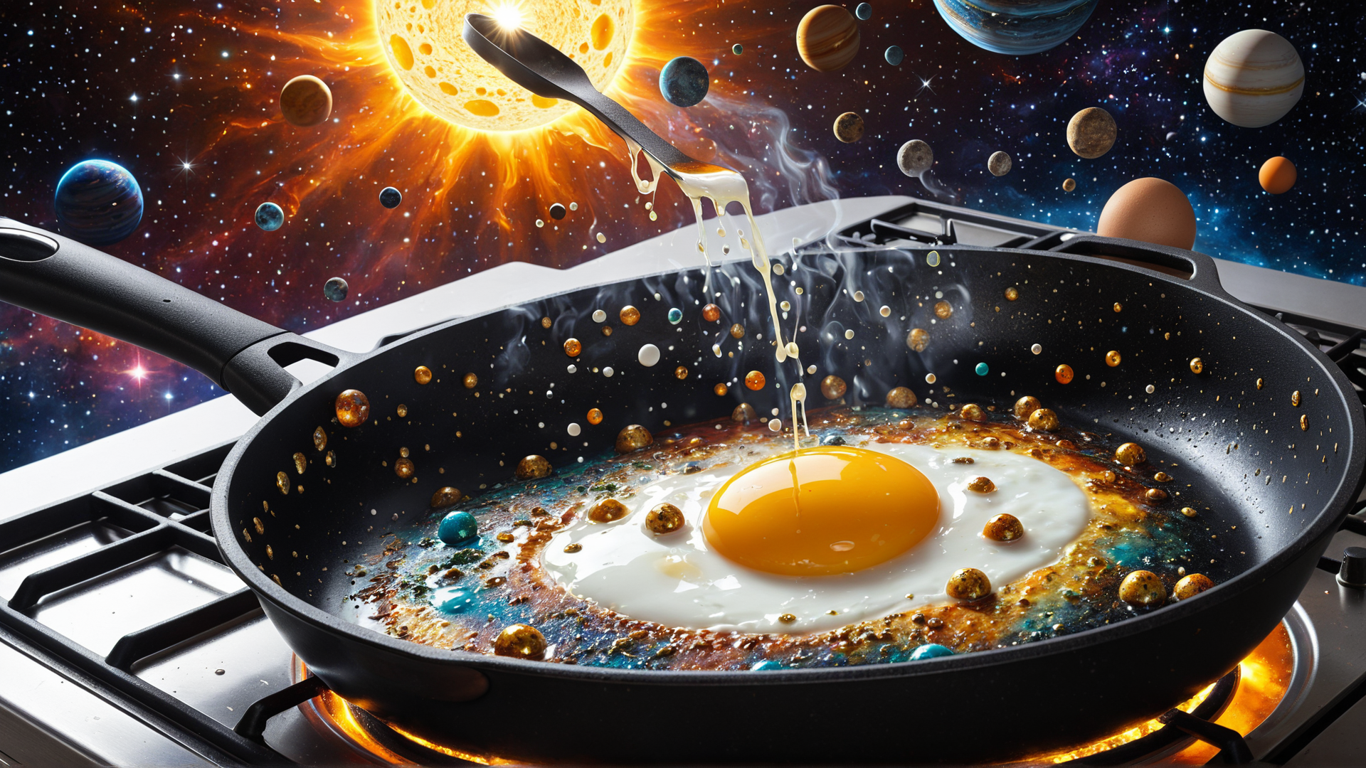 AI generated wallpaper featuring egg, pan, universe
