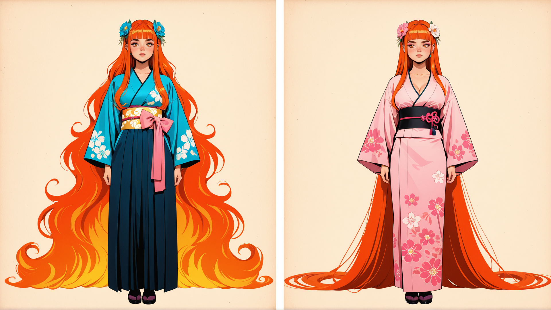 AI generated wallpaper featuring woman, kimono, hair, flowers, sash