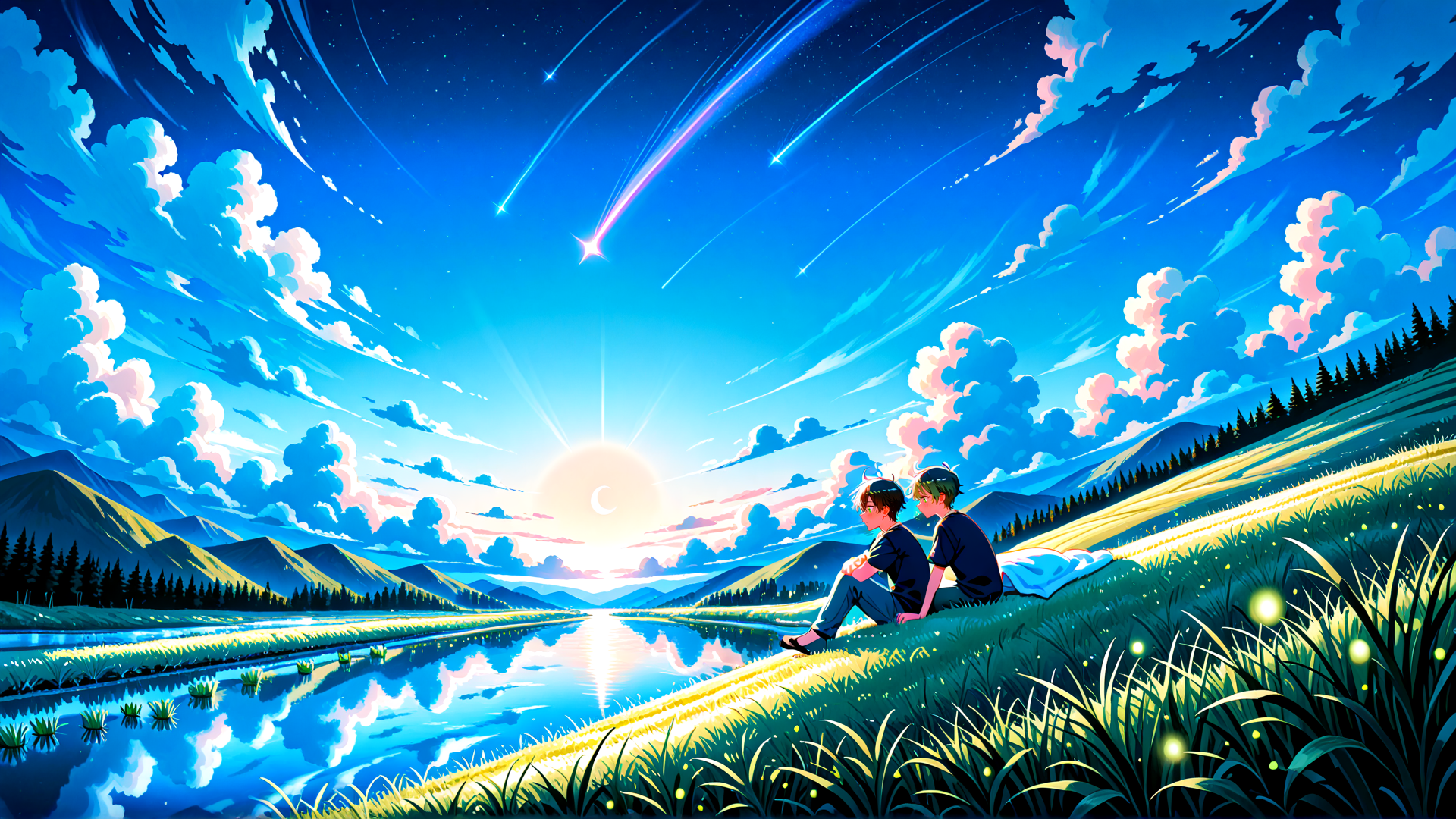 AI generated wallpaper featuring two people, sky, river, mountains, clouds, stars, fireflies