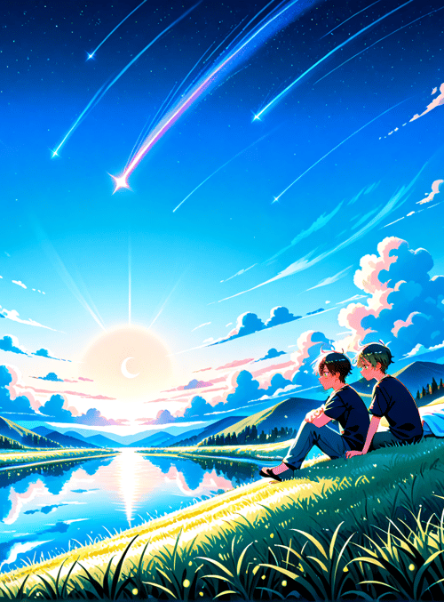 two people, sky, river, mountains, clouds, stars, fireflies