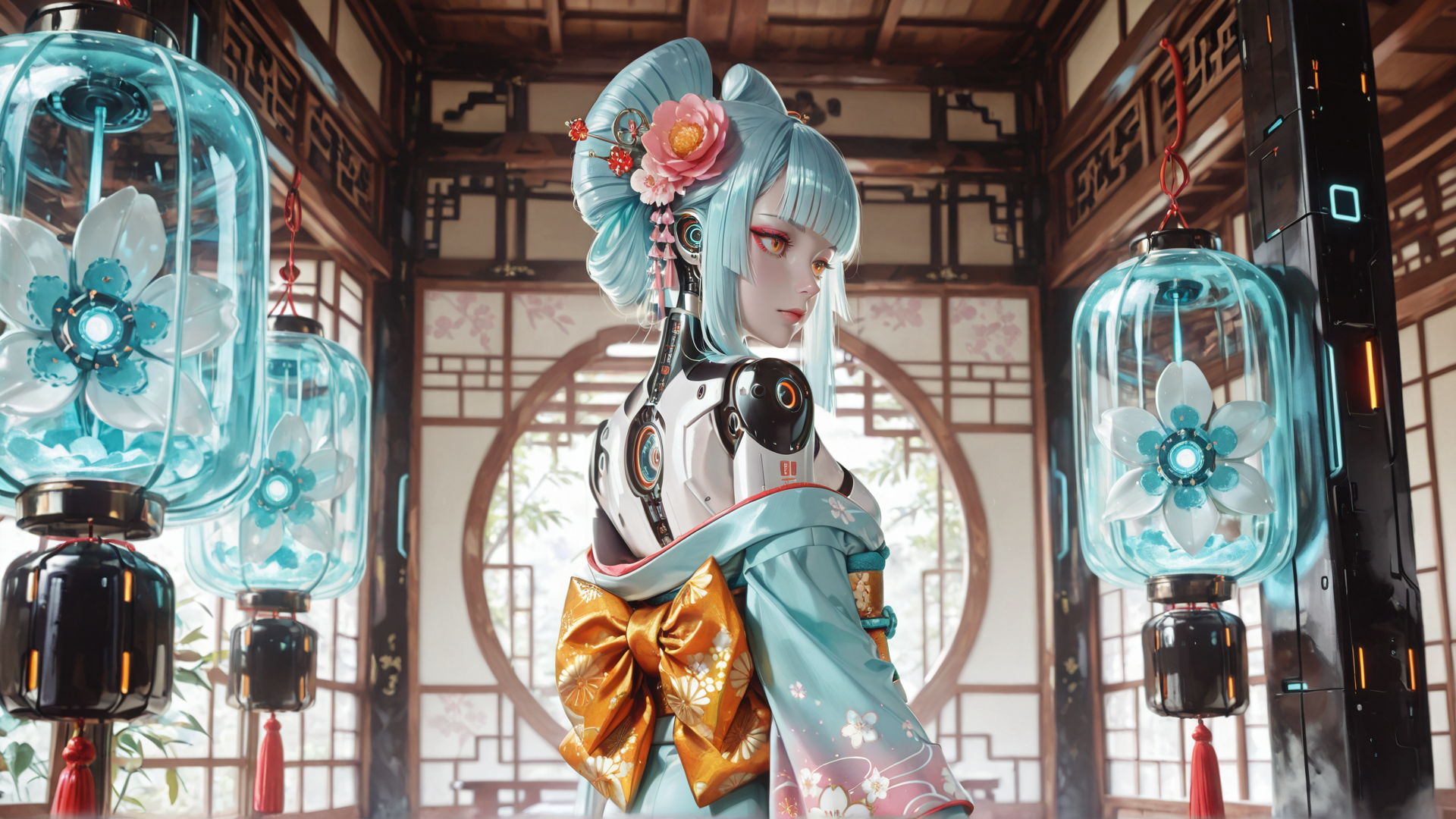AI generated wallpaper featuring robot, girl, lantern, kimono, cherry blossom, flower, cyberpunk, traditional, mechanical, sash