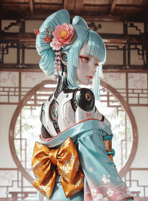 robot, girl, lantern, kimono, cherry blossom, flower, cyberpunk, traditional, mechanical, sash