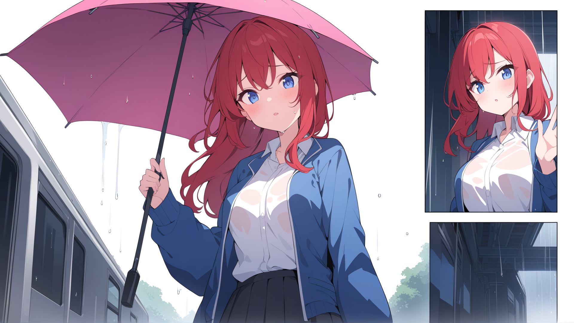 AI generated wallpaper featuring girl, umbrella, train