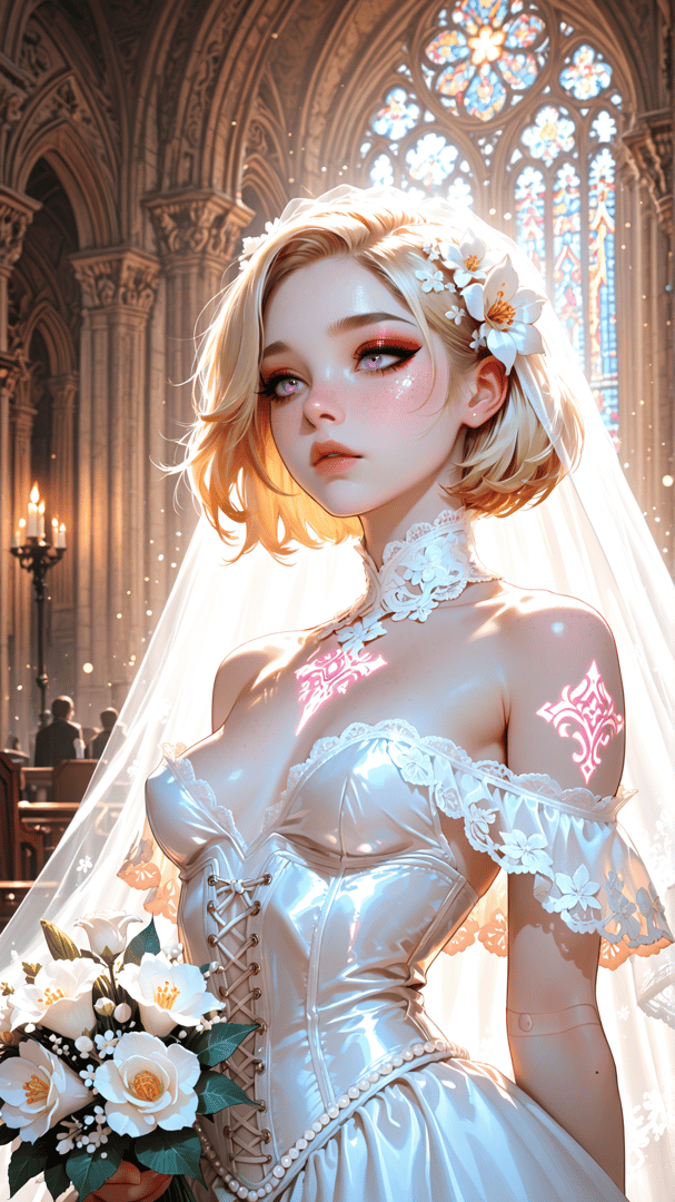 AI generated wallpaper featuring bride, church, stained glass, veil, flowers, corset, chapel, candles, gown, lattice