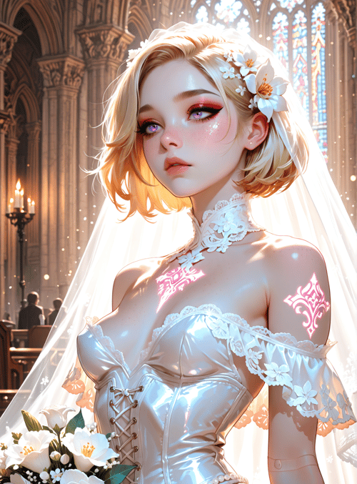 bride, church, stained glass, veil, flowers, corset, chapel, candles, gown, lattice