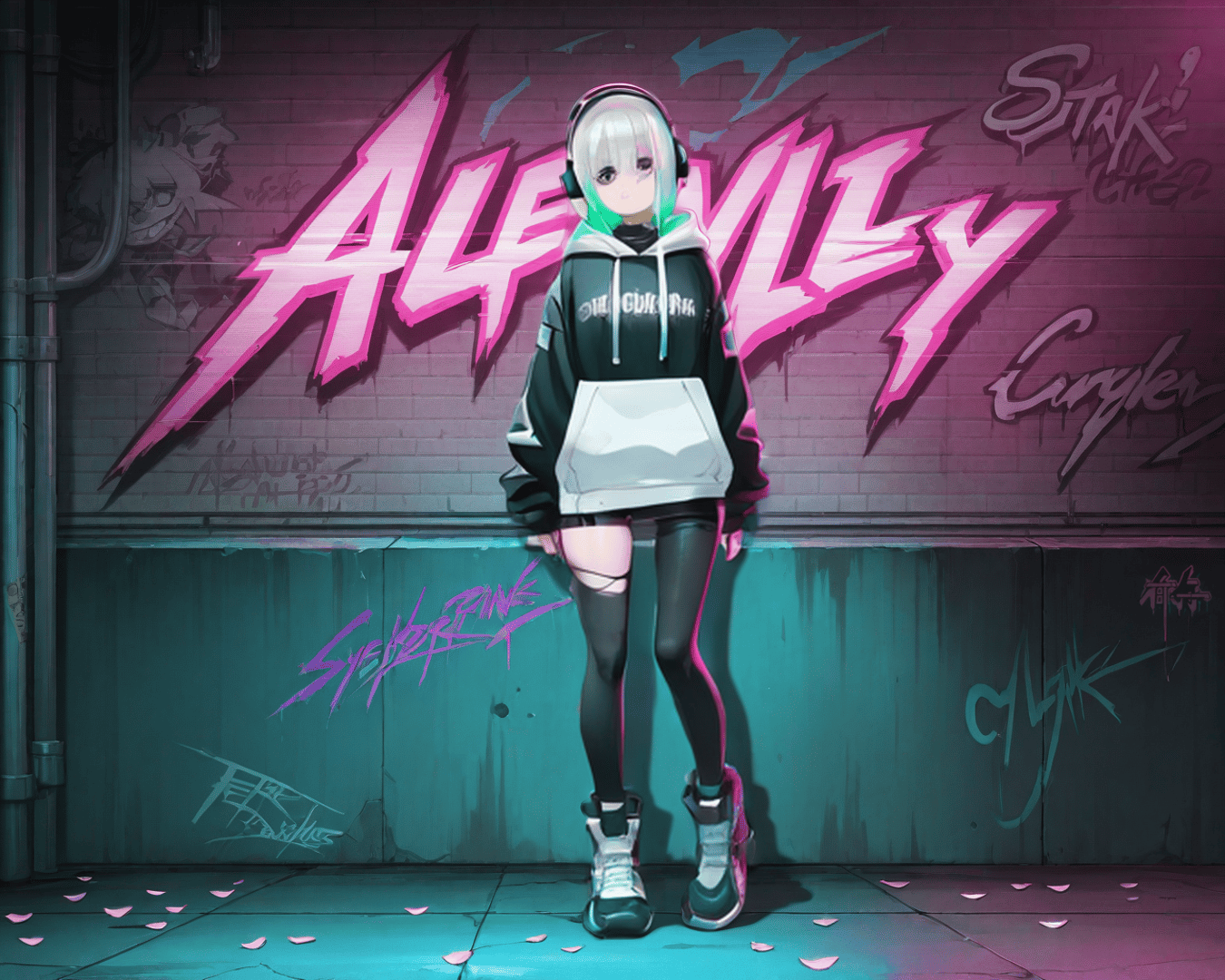 AI generated wallpaper featuring anime girl, graffiti, street