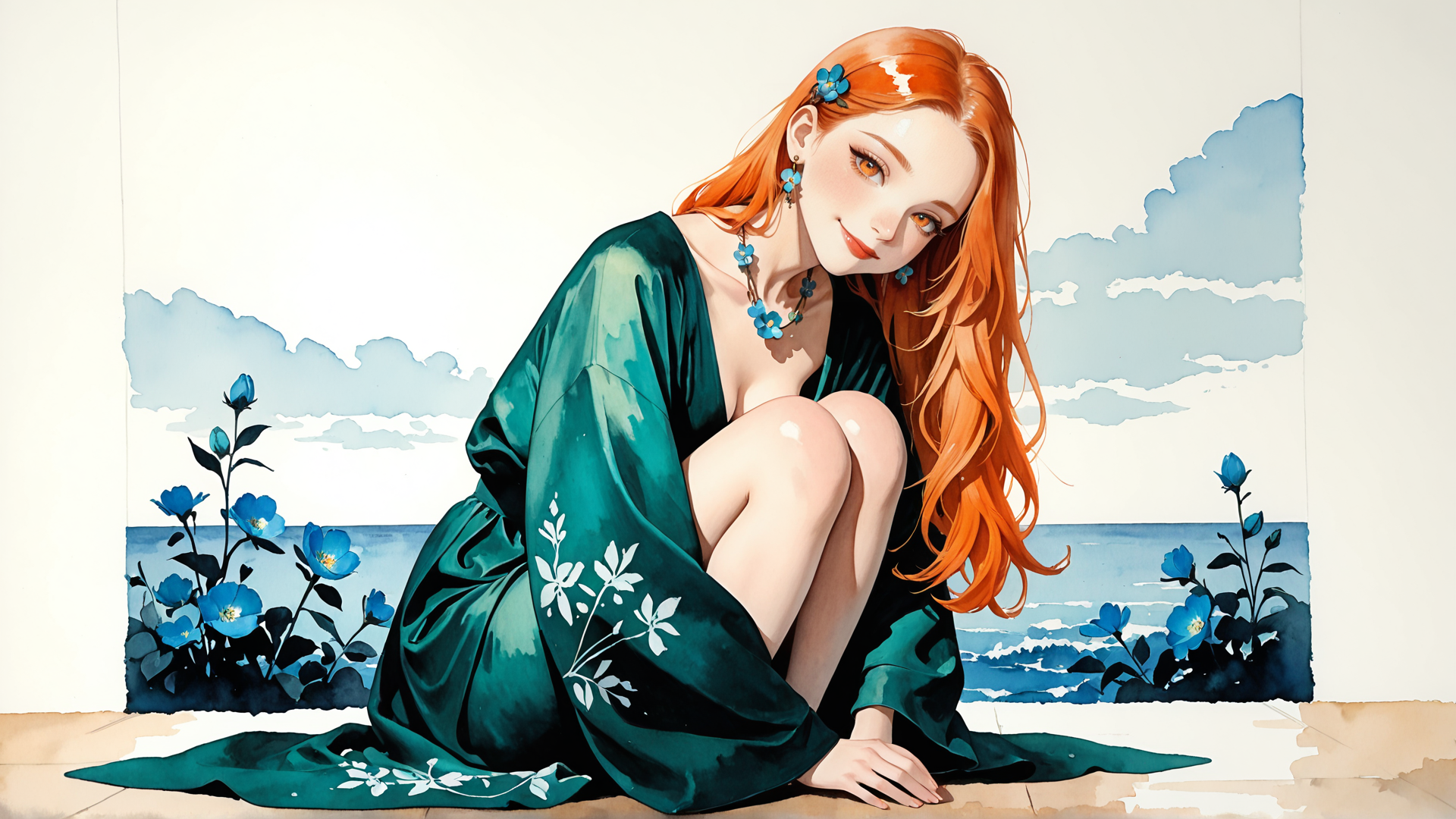 AI generated wallpaper featuring woman, dress, flowers, ocean, sky, hair
